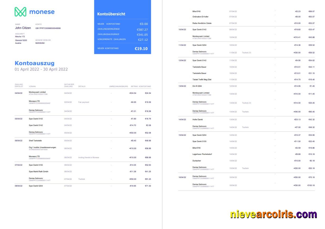 Germany Monese bank statement on Deutsch, 3 pages